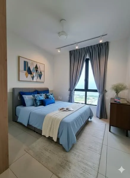 Bedroom features: king-size bed with blue bedding, upholstered headboard, bedside table, decorative wall art with geometric patterns, floor-to-ceiling window, curtains in light blue, ceiling fan, area rug with neutral color, light-colored wall, white ceiling, built-in wardrobe; style: modern; view: city.