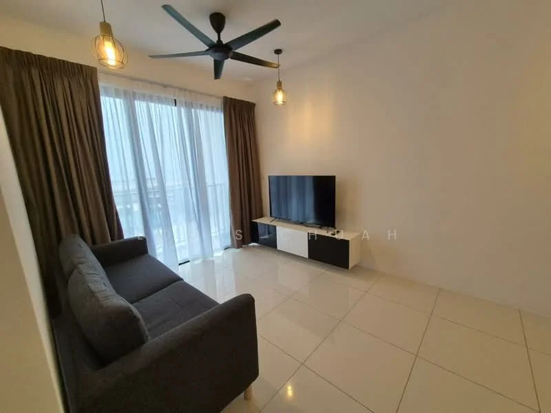 Living features: grey fabric 3-seater sofa, white TV console, wall-mounted TV, floor-to-ceiling windows, sheer curtains, dark brown curtains, recessed downlights, 5-blade ceiling fan, glossy white tile flooring, decorative pendant lights; style: modern; view: city.