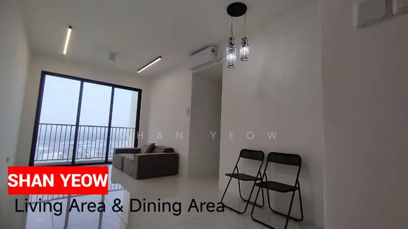 Living features: floor-to-ceiling windows, grey fabric sofa, 2 black folding chairs, white painted walls, polished tile flooring, ceiling fan, recessed downlights, air conditioning unit; style: modern; view: city.