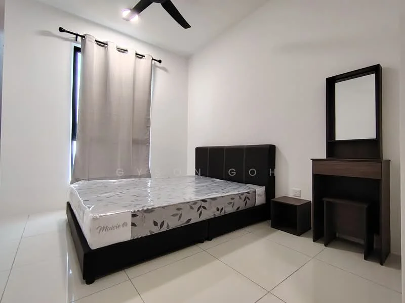 Bedroom features: queen-size bed, upholstered headboard, bedside table, dressing table with mirror, floor-to-ceiling window, grey curtains, white painted walls, glossy tile flooring, ceiling fan with light; style: modern.