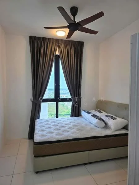Bedroom features: queen-size bed, upholstered headboard, 2 decorative pillows, floor-to-ceiling window, grey curtains, 5-blade ceiling fan, white painted walls, tile flooring, nightstand, decorative wall art; style: modern; view: city.