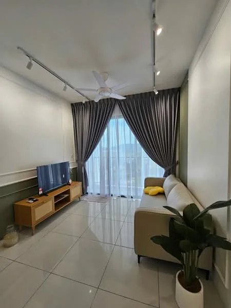 Living features: 3-seater fabric sofa in beige, floor-to-ceiling windows, grey curtains, white walls, recessed downlights, ceiling fan, TV console, wall-mounted TV, decorative plant in pot, glossy tile flooring, yellow decorative cushion, light-colored side table; style: modern; view: city.