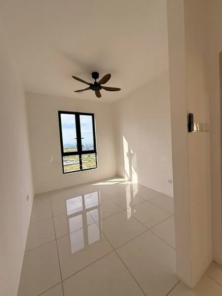 Room features: white painted walls, glossy ceramic tile flooring, 5-blade ceiling fan, floor-to-ceiling windows, natural light from window, city view visible through window; style: modern; view: city.