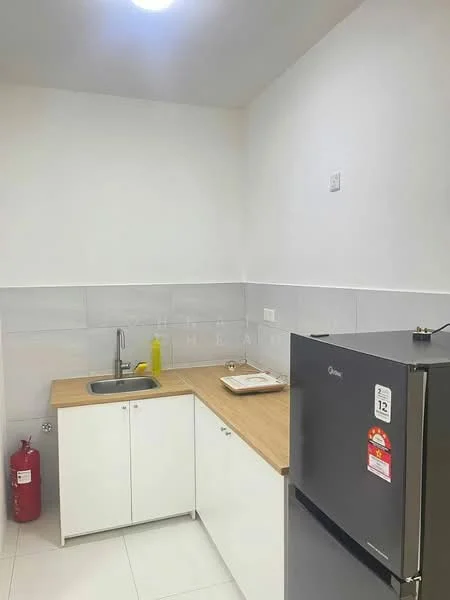 Kitchen features: single-bowl stainless-steel sink, chrome pull-down faucet, wood countertop, white cabinetry, black fridge, white tiled backsplash, white walls, white floor tiles, fire extinguisher, wall-mounted light fixture; style: modern.