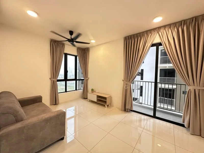 Living features: 3-seater fabric sofa in grey, floor-to-ceiling windows, sliding glass door, sheer curtains, recessed LED downlights, ceiling fan, white painted walls, glossy ceramic tile flooring, wooden TV console, balcony view; style: modern; view: city.