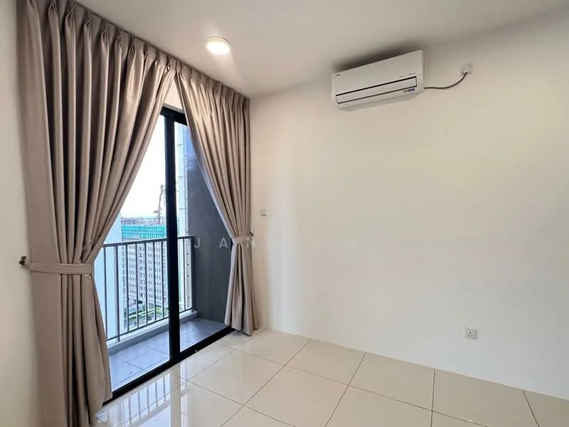 Room features: white painted walls, glossy tile flooring, floor-to-ceiling sliding glass door, curtains in beige, wall-mounted split AC; style: modern; view: city.