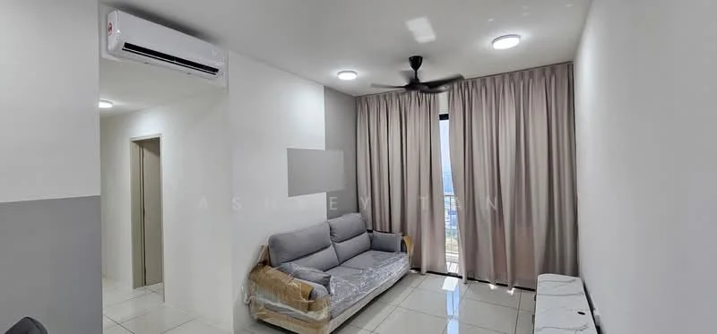 Living features: grey fabric sofa, wall-mounted TV, white walls, recessed LED downlights, 5-blade ceiling fan, floor-to-ceiling windows, light grey curtains, glossy tile flooring, air conditioning unit, decorative wall panel; style: modern; view: city.