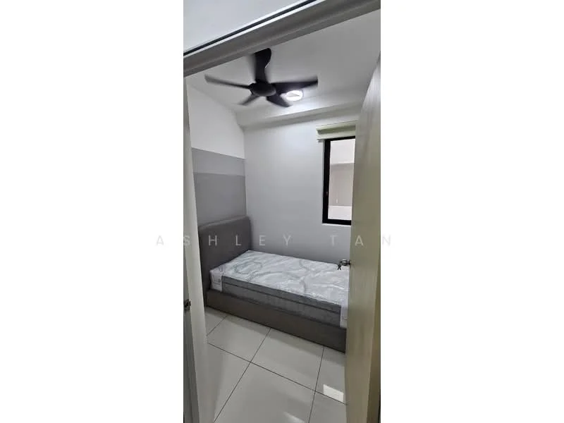 Bedroom features: single bed, 5-blade ceiling fan with light, white painted walls, grey accent wall, floor-to-ceiling window, tile flooring, window treatment, light fixture; style: modern.