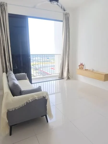 Living features: grey fabric sofa, white throw blanket, floor-to-ceiling windows, balcony with railing, white painted walls, glossy tile flooring, curtains, wooden wall shelf; style: modern; view: city.