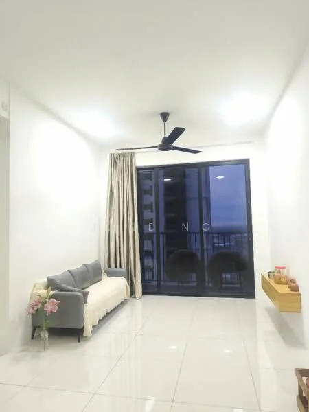 Living features: white painted walls, glossy tile flooring, 5-blade ceiling fan, floor-to-ceiling sliding glass door, sheer curtains, grey fabric sofa, wooden wall shelf, decorative flowers in vase; style: modern; view: city.