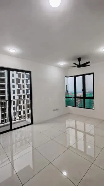 Room features: white painted walls, glossy white floor tiles, 5-blade ceiling fan, floor-to-ceiling windows, balcony access, city view, recessed LED downlights; style: modern; view: city.