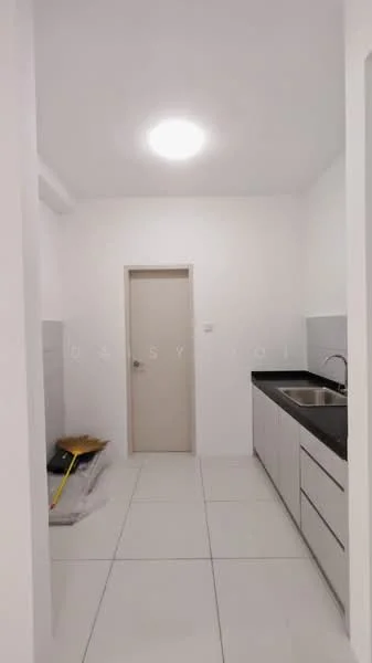 Kitchen features: white painted walls, tile flooring, black countertop, single-bowl stainless-steel sink, chrome pull-down faucet, flat-panel white cabinets, door leading to another room, overhead ceiling light; style: modern.