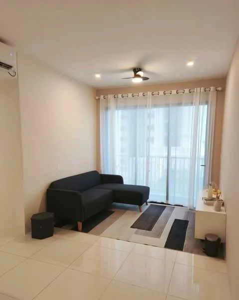 Living features: 3-seater fabric sofa in black, ceiling fan with light, floor-to-ceiling windows, sheer curtains, white painted walls, polished tile flooring, area rug with geometric pattern, TV console, decorative items on console; style: modern; view: city.