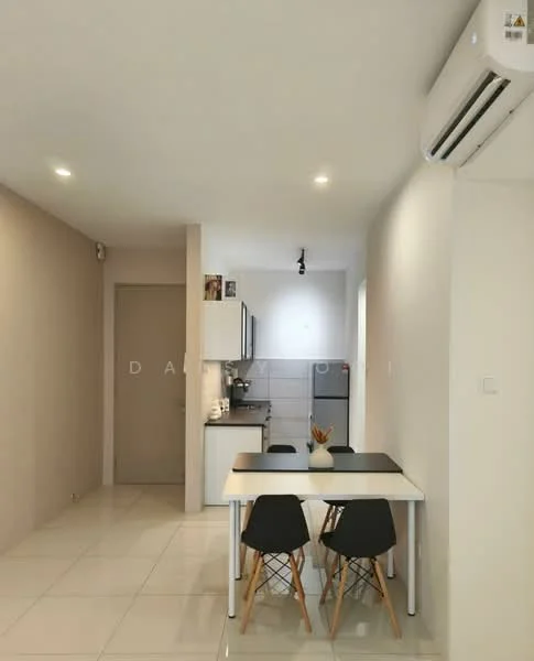 Kitchen features: white painted walls, glossy tile flooring, recessed downlights, kitchen cabinets with flat-panel design, stainless-steel fridge, built-in countertop, single-bowl stainless-steel sink, chrome pull-down faucet, 2-seater dining table, black dining chairs, wall-mounted split AC; style: modern.