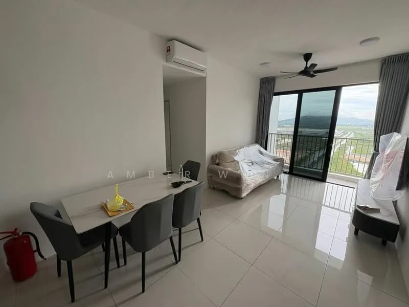 Living features: floor-to-ceiling windows, sliding glass door, 3-seater fabric sofa in beige, dining table for 4 with grey upholstered chairs, white walls, tile flooring, ceiling fan, air conditioning unit, decorative fire extinguisher, view of the landscape, natural light from windows; style: modern; view: landscape.