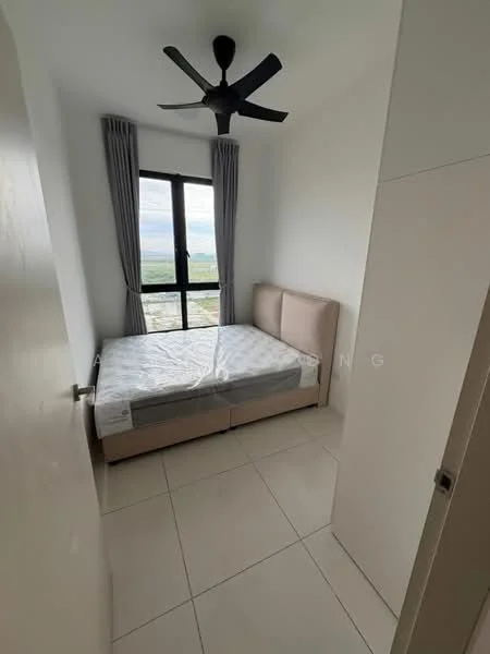 Bedroom features: queen-size bed, upholstered headboard, floor-to-ceiling window, grey curtains, 5-blade ceiling fan, white painted walls, tile flooring, built-in wardrobe; style: modern; view: city.