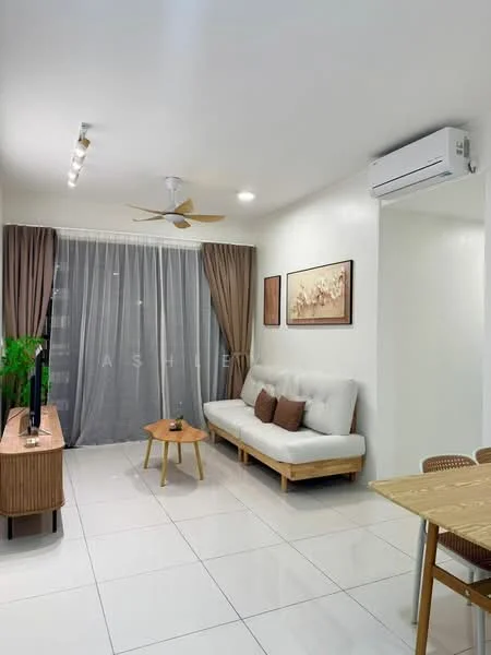 Living features: 3-seater fabric sofa in white, wooden coffee table, TV console, wall-mounted TV, floor-to-ceiling windows, sheer curtains, 5-blade ceiling fan with light, recessed LED downlights, white painted walls, glossy ceramic tile flooring, decorative artwork on walls, wooden side table; style: modern.