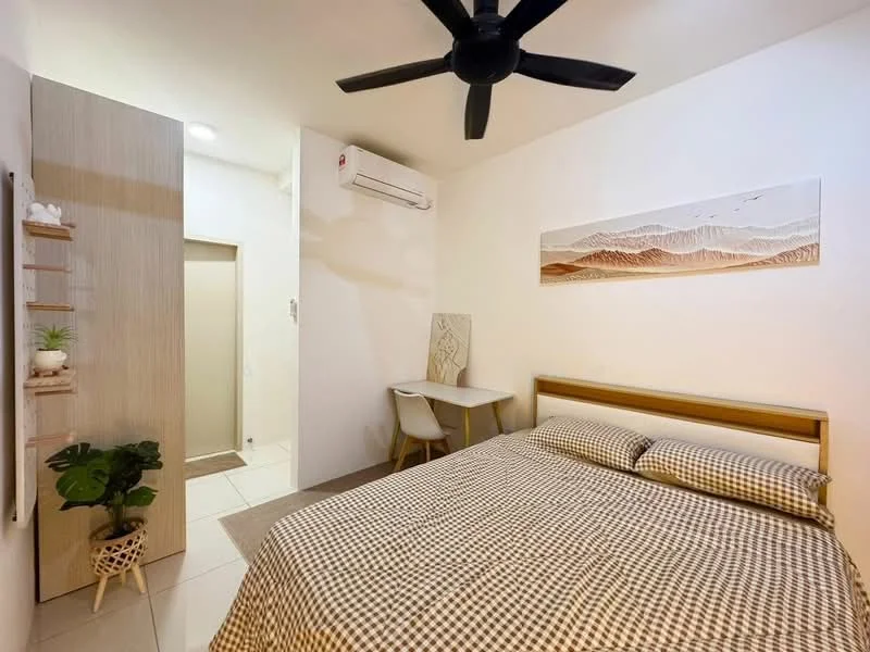 Bedroom features: king-size bed with checkered bedding, wooden bed frame, 2 bedside tables, ceiling fan with light, wall-mounted air conditioning unit, white painted walls, tile flooring, decorative wall art, study desk with chair, plant in decorative pot; style: modern. Room features: doorway leading to bathroom, light switch.
