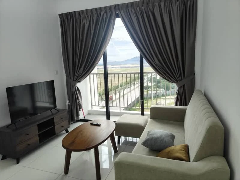 Living features: 3-seater fabric sofa in light green, wooden coffee table, wall-mounted TV, black TV console, floor-to-ceiling windows, grey curtains, white painted walls, glossy tile flooring; style: modern; view: city.
