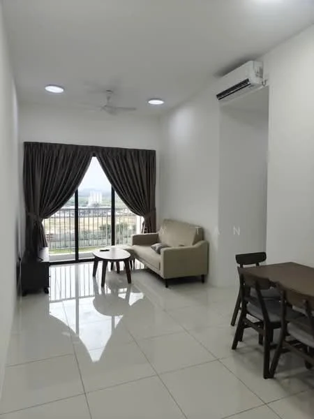 Living features: 3-seater fabric sofa in beige, wooden coffee table, dining table with 4 chairs, floor-to-ceiling windows, sliding glass door, dark brown curtains, white painted walls, glossy ceramic tile flooring, ceiling fan, wall-mounted split AC; style: modern; view: city.