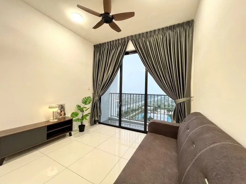 Living features: 3-seater fabric sofa in brown, coffee table, TV console, floor-to-ceiling windows, sheer curtains, blackout curtains, ceiling fan, white tiled flooring, decorative plant in pot, wall-mounted light fixture; style: modern; view: city.