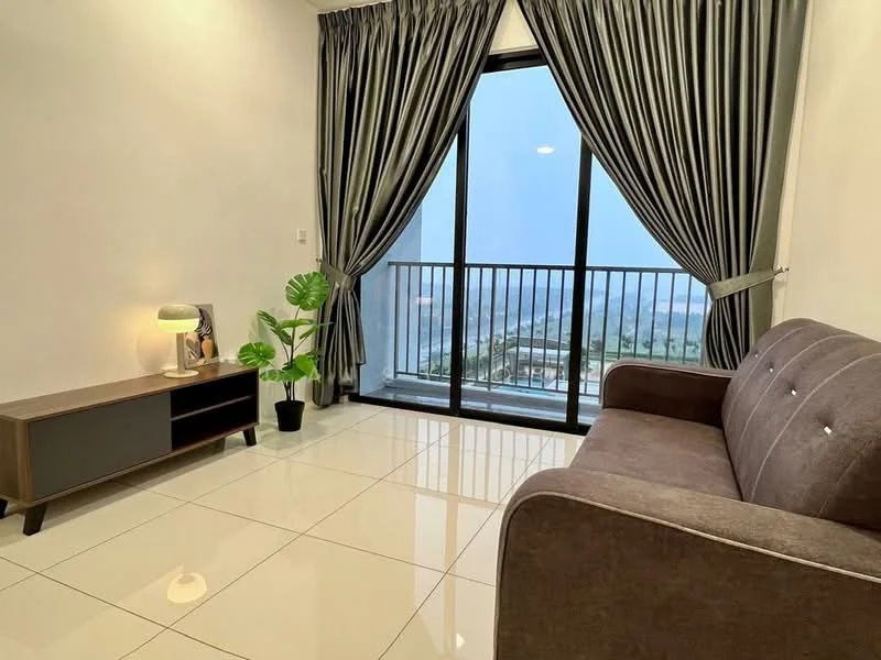 Living features: grey fabric sofa, coffee table, floor-to-ceiling windows, black railing, white walls, glossy tile flooring, curtains with vertical stripes, indoor plant in pot, lamp on side table; style: modern; view: city.