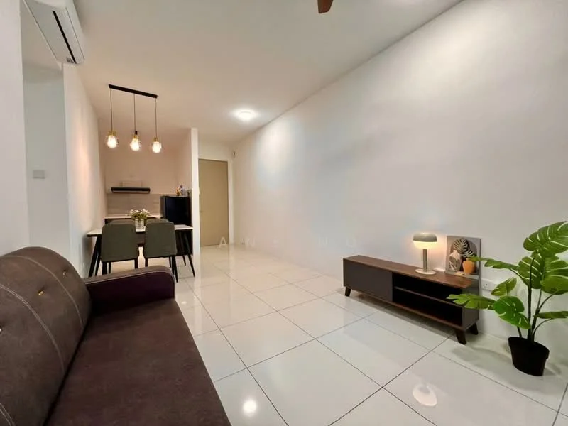 Living features: 3-seater fabric sofa in dark purple, white painted walls, glossy white tile flooring, ceiling fan with light, pendant lighting with three bulbs, TV console in dark wood, decorative plant in ceramic pot, framed artwork on console, dining table with 4 upholstered chairs, open layout to dining area; style: modern.