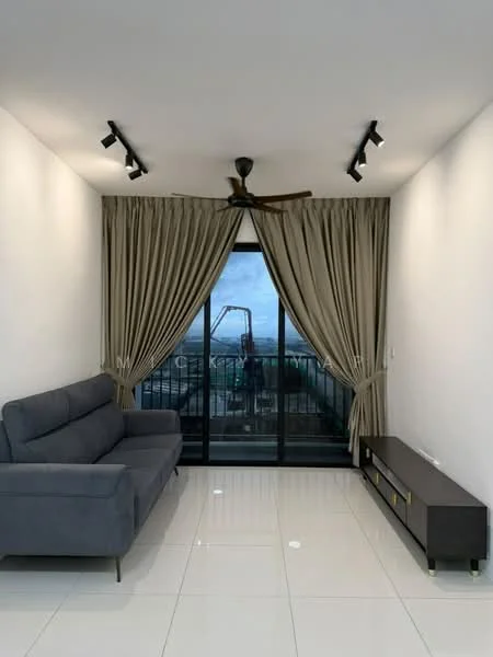 Living features: grey fabric 3-seater sofa, white painted walls, glossy white tile flooring, recessed LED downlights, 5-blade ceiling fan, floor-to-ceiling sliding glass door, sheer curtains, TV console with drawers; style: modern; view: city.