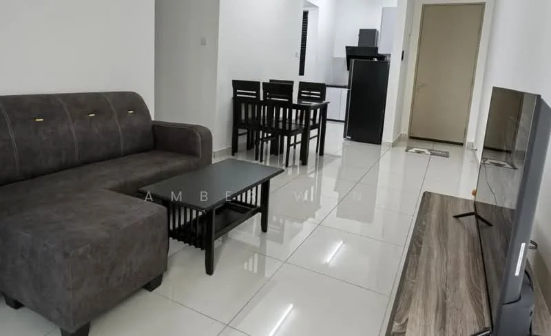 Living features: 3-seater fabric sofa in dark grey, coffee table, TV console, wall-mounted TV, white painted walls, glossy tile flooring, recessed downlights, dining table with 4 chairs, black refrigerator, open layout to kitchen, neutral decor; style: modern.