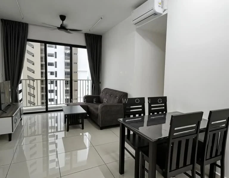 Living features: grey fabric sofa, coffee table, TV console, wall-mounted TV, dining table for 4, black dining chairs, floor-to-ceiling windows, sliding glass door, curtains, air conditioning unit, ceiling fan, glossy tile flooring, white painted walls; style: modern; view: city.