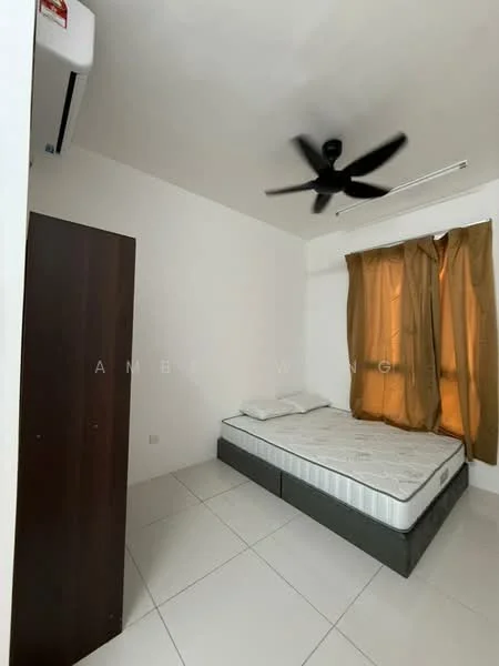 Bedroom features: white painted walls, tile flooring, ceiling fan, queen-size bed, brown wooden wardrobe, window with brown curtains.