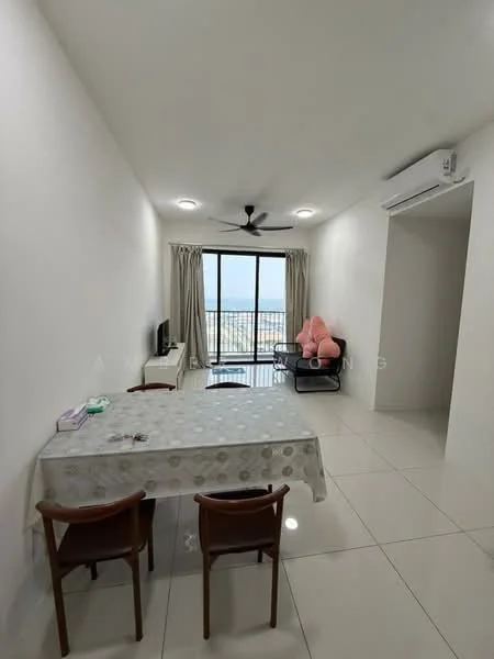 Living features: white painted walls, glossy tile flooring, 5-blade ceiling fan with light, floor-to-ceiling windows, curtains, TV console, sofa, dining table with tablecloth, 4 dining chairs, air conditioning unit; style: modern; view: sea.