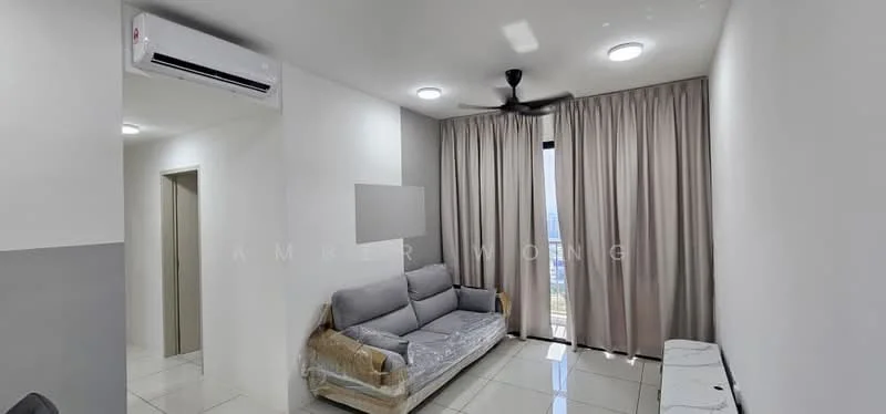 Living features: grey fabric sofa with plastic wrap, white walls, grey accent wall, glossy tile flooring, 5-blade ceiling fan, recessed LED downlights, floor-to-ceiling windows, sheer curtains, air conditioning unit on wall, TV console, decorative mirror on wall; style: modern; view: city.