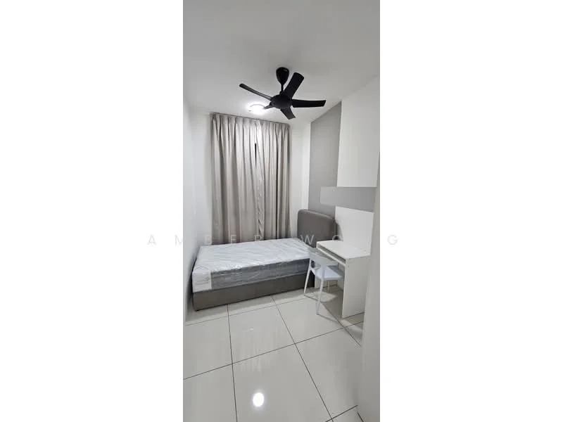 Bedroom features: single bed, grey upholstered bed frame, white bedding, black ceiling fan, white walls, light grey curtains, glossy tile flooring, white study desk, white chair, built-in wardrobe; style: modern.