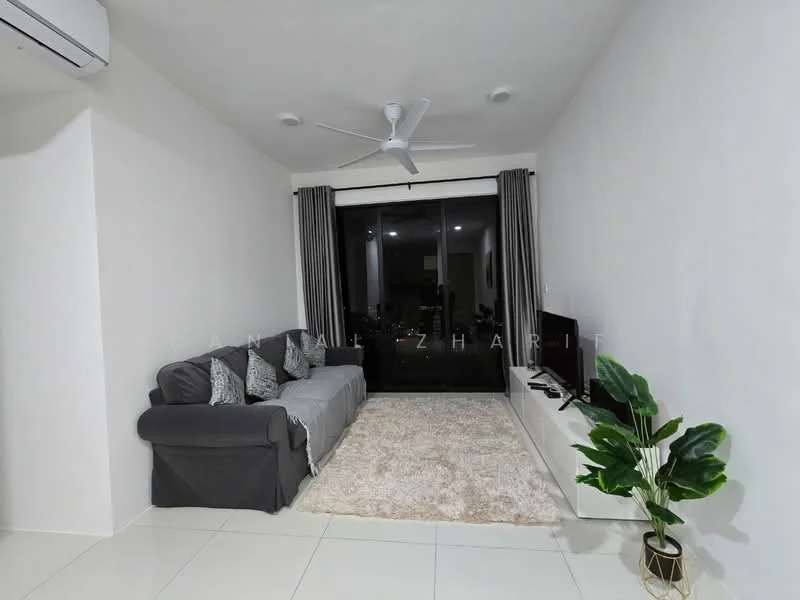Living features: 3-seater fabric sofa in grey, decorative cushions, area rug with neutral color, wall-mounted TV, TV console, floor-to-ceiling windows, sheer curtains, 5-blade ceiling fan with light, potted plant, white painted walls, tile flooring; style: modern.