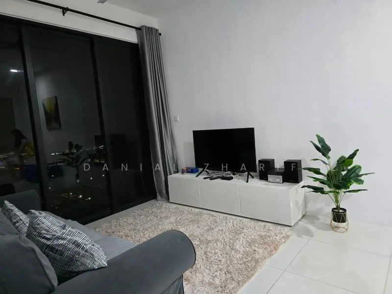 Living features: grey fabric sofa, white TV console, wall-mounted TV, area rug with neutral color, floor-to-ceiling windows, curtains, decorative indoor plant, ceramic pot, city view visible through windows, recessed lighting, light-colored walls, glossy tile flooring; style: modern; view: city.