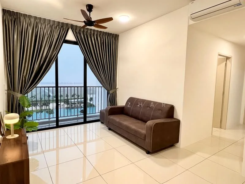 Living features: 3-seater brown leather sofa, floor-to-ceiling windows, curtains with a grey pattern, white painted walls, glossy white tile flooring, ceiling fan with light, wall-mounted air conditioning unit, decorative indoor plant, wooden side table with lamp, view of the pool and landscape; style: modern; view: pool.