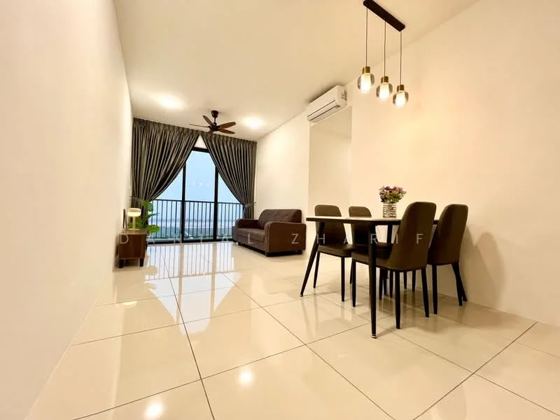 Living features: cream painted walls, glossy porcelain tile flooring, 5-blade ceiling fan with light, floor-to-ceiling windows, sliding glass door, sheer curtains, sofa in brown fabric, coffee table, area rug, dining table with 4 chairs, decorative vase with flowers; style: modern; view: city.