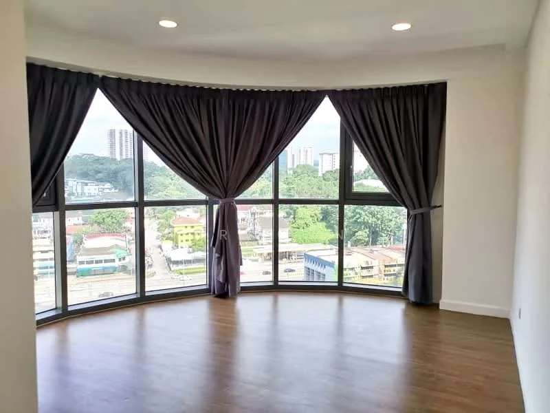 Living features: curved floor-to-ceiling windows, grey curtains, wood laminate flooring, recessed downlights, neutral painted walls, city view, open layout, natural light; style: modern; view: city.
