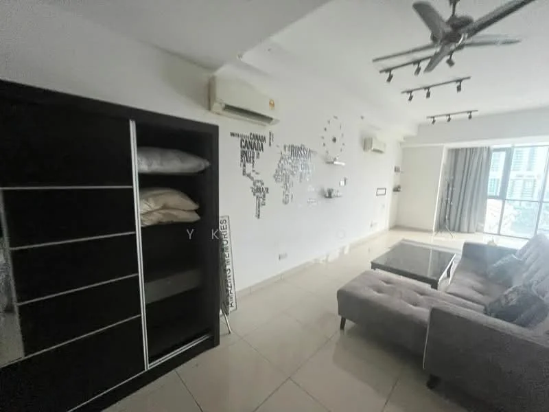 Living features: grey fabric sofa, glass coffee table, wall-mounted TV, black shelving unit with open storage, decorative wall art, floor-to-ceiling windows, curtains, air conditioning unit, recessed downlights, ceiling fan; style: modern.