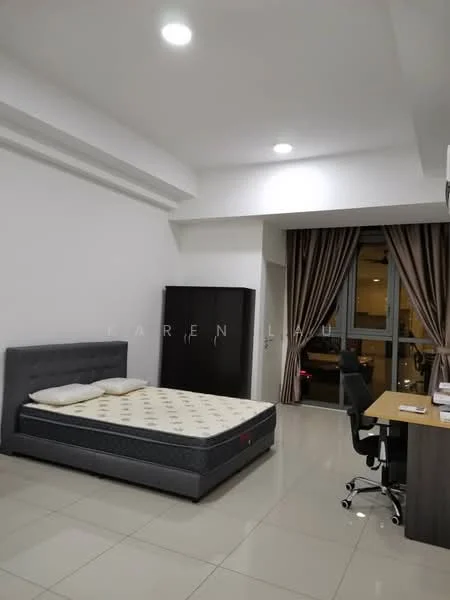 Bedroom features: white painted walls, grey tiled flooring, queen-size bed, upholstered headboard, built-in wardrobe, desk with chair, floor-to-ceiling windows, sheer curtains, recessed downlights; style: modern.