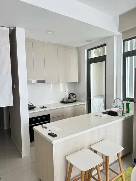 Kitchen features: white cabinetry, light wood countertop, stainless-steel sink, chrome pull-down faucet, built-in oven, 4-burner gas hob, white tiled backsplash, refrigerator, floor-to-ceiling windows, tile flooring, open layout, bar stools; style: modern.