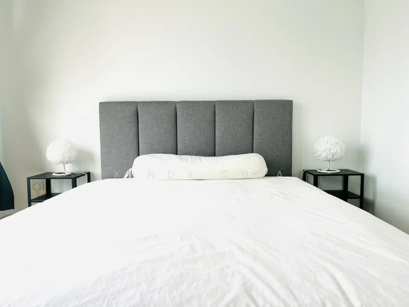 Bedroom features: king-size bed with white bedding, upholstered grey headboard, 2 bedside tables with black frames, 2 decorative table lamps with white fluffy shades, white painted walls, light-colored flooring, minimalist decor; style: modern.