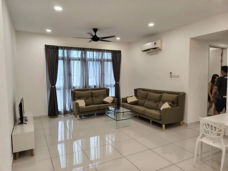 Living features: 2-seater fabric sofa in olive green, 3-seater fabric sofa in olive green, glass coffee table, wall-mounted TV, white TV console, floor-to-ceiling windows, sheer curtains, recessed LED downlights, 1 ceiling fan with light, white painted walls, glossy ceramic tile flooring, air conditioning unit on wall; style: modern.
