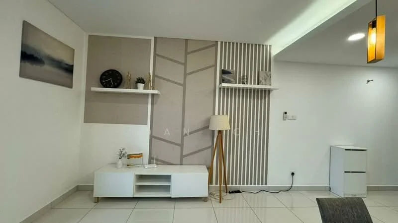 Living features: white painted walls, accent wall with geometric pattern, floating shelves, wall clock, decorative plant on shelf, white TV console, tile flooring, recessed lighting, pendant light fixture; style: modern.