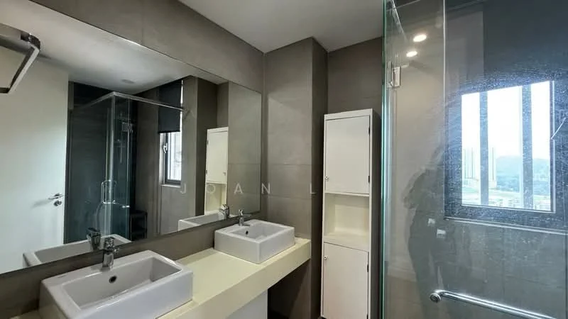 Bathroom features: double-sink vanity with white countertop, square ceramic sinks, chrome basin mixers, glass shower enclosure, rain shower head, wall-mounted mirror, grey tiled walls, grey tiled flooring, window with city view, built-in storage cabinet; style: modern; view: city.