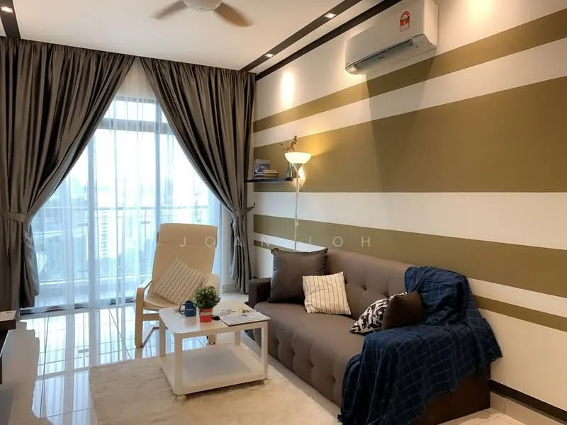 Living features: 3-seater fabric sofa in grey, white coffee table, area rug with geometric pattern, floor-to-ceiling windows, sheer curtains, 5-blade ceiling fan, wall-mounted air conditioning unit, decorative floor lamp, decorative throw pillows, bookshelf with decorative items, accent wall with horizontal stripes in brown and cream; style: modern; view: city.