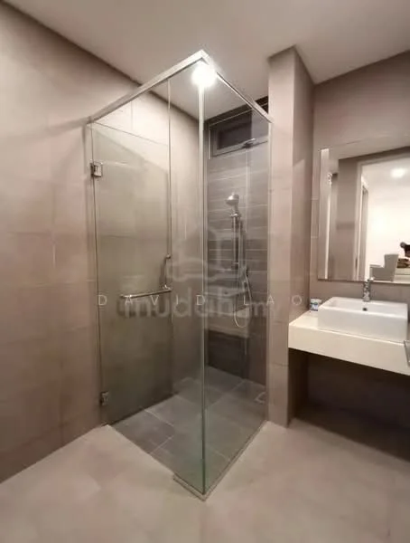 Bathroom features: glass shower enclosure, rain shower head, handheld shower, wall-mounted faucet, single-sink vanity with countertop, mirror above vanity, tile flooring, grey tiled walls, recessed lighting; style: modern.