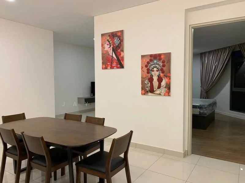 Dining features: wooden dining table, 6 dining chairs, white painted walls, tile flooring, framed artwork on walls, recessed lighting, open layout to living area, curtains on windows; style: modern. Room features: bed with bedding, floor-to-ceiling windows, curtains on windows, wood flooring.