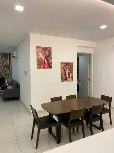Dining features: rectangular wooden dining table, 6 dining chairs with black upholstery, white painted walls, tile flooring, recessed LED downlights, framed artwork on walls, air conditioning unit on wall; style: modern. Living features: grey fabric sofa, curtains, wall-mounted TV, decorative wall art; style: modern.